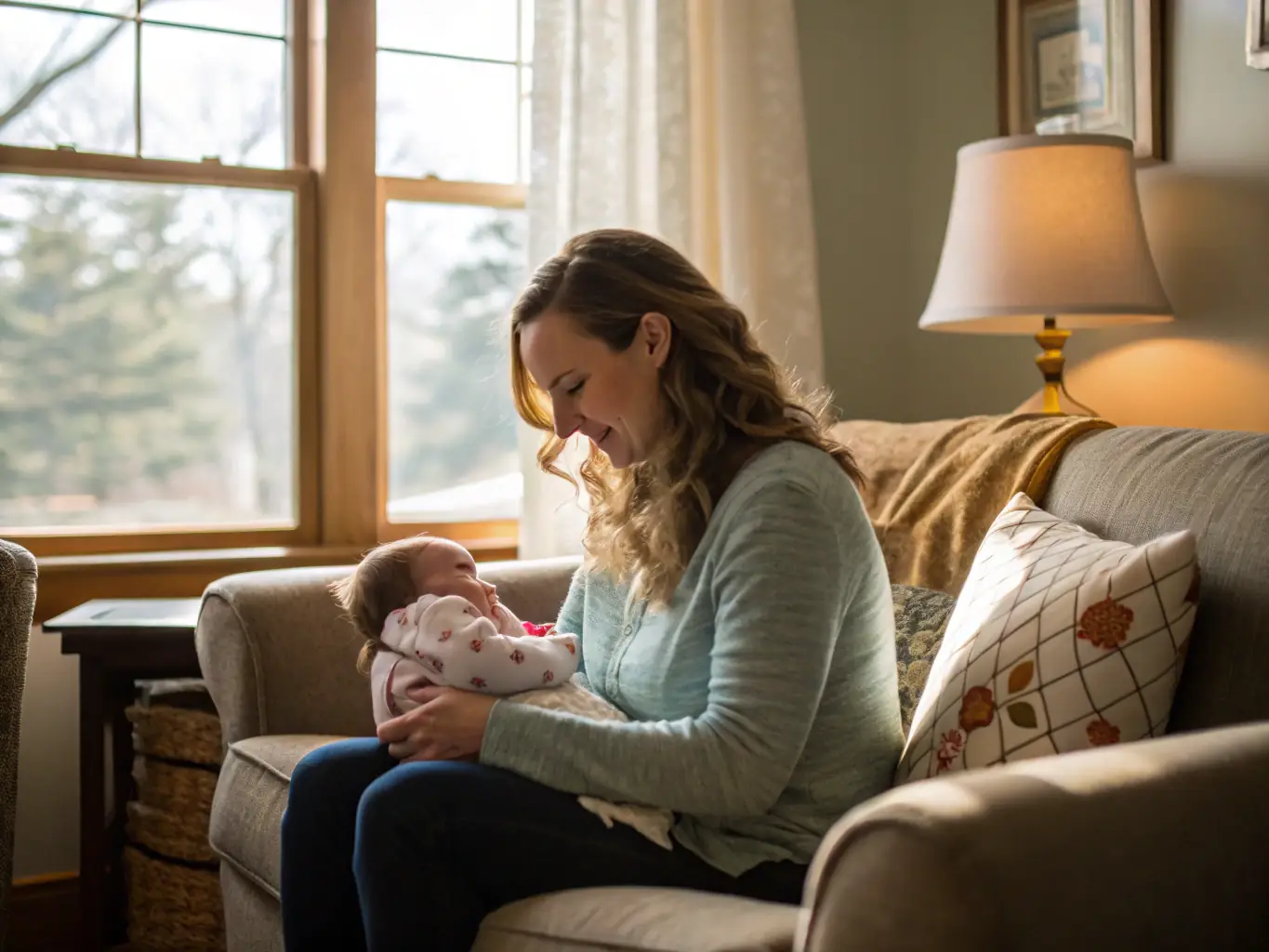 A new mother holding her baby, with a postpartum doula offering guidance and support. The setting is a cozy home environment.