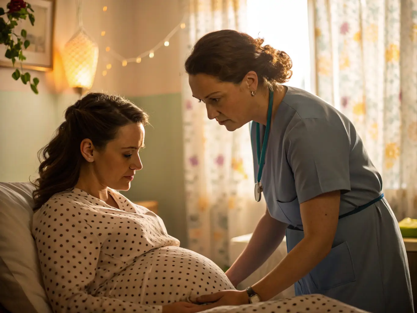 A supportive doula assisting a woman during labor, providing comfort and encouragement. The scene is a birthing room with a calm and peaceful atmosphere.